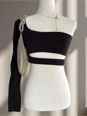Black One-Shoulder Cutout Crop Top